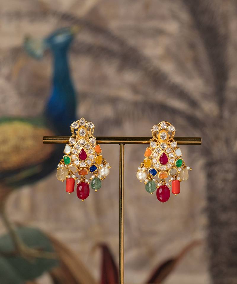 Gold plated multicolor polki jhumkas in sterling silver