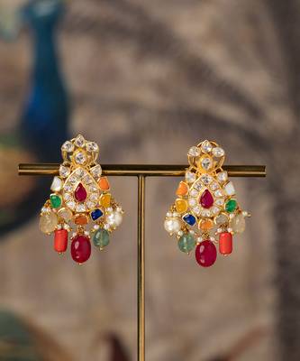 Gold plated multicolor polki jhumkas in sterling silver 2