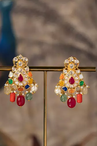 Gold plated multicolor polki jhumkas in sterling silver