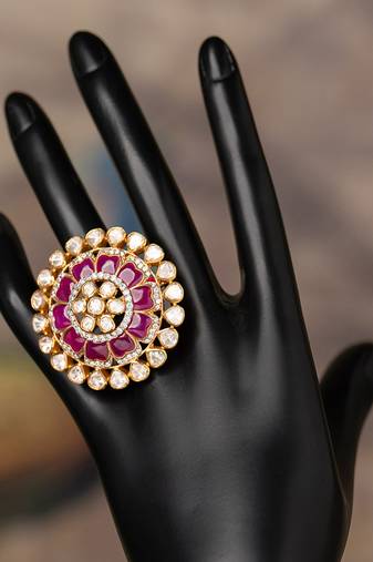 Gold plated  pink stone kundan ring in sterling silver