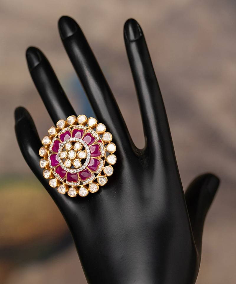 Gold plated  pink stone kundan ring in sterling silver