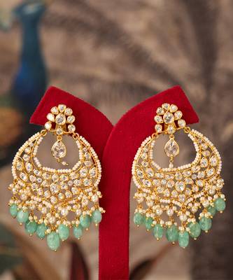 Gold plated blue beads polki jhumkas in sterling silver 1