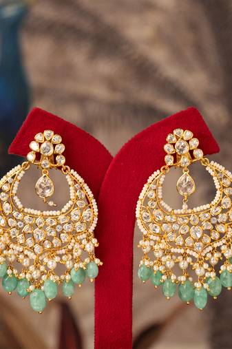 Gold plated blue beads polki jhumkas in sterling silver