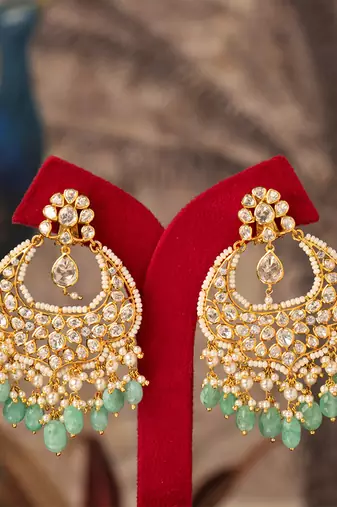 Gold plated blue beads polki jhumkas in sterling silver