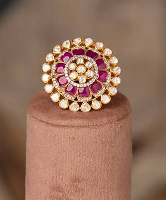 Gold plated  pink stone kundan ring in sterling silver 2