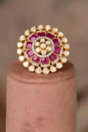 Gold plated  pink stone kundan ring in sterling silver