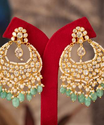 Gold plated blue beads polki jhumkas in sterling silver 2