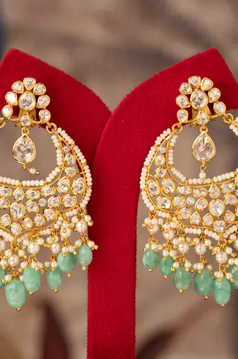 Gold plated blue beads polki jhumkas in sterling silver