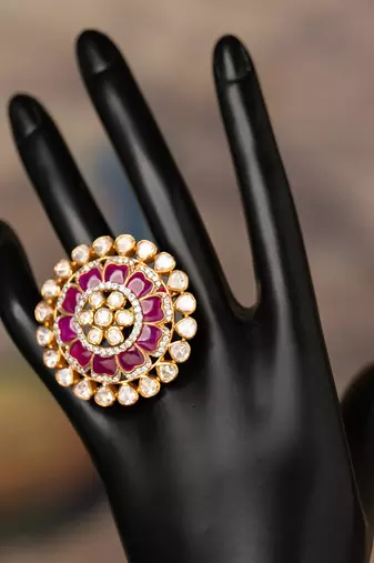 Gold plated  pink stone kundan ring in sterling silver
