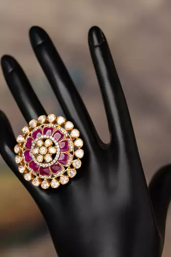 Gold plated  pink stone kundan ring in sterling silver