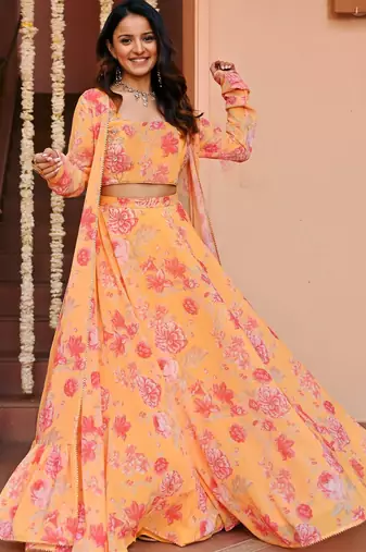  digital print georgette mustard lehenga with unstitched blouse and floral print jacket dupatta