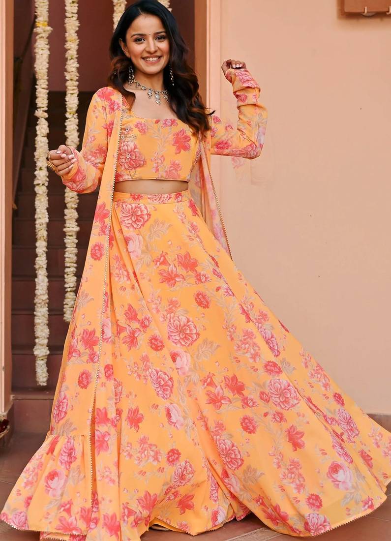  digital print georgette mustard lehenga with unstitched blouse and floral print jacket dupatta