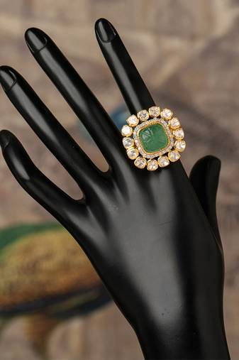 Gold plated  Green Stone kundan ring in sterling silver
