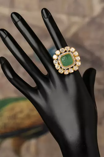 Gold plated  Green Stone kundan ring in sterling silver