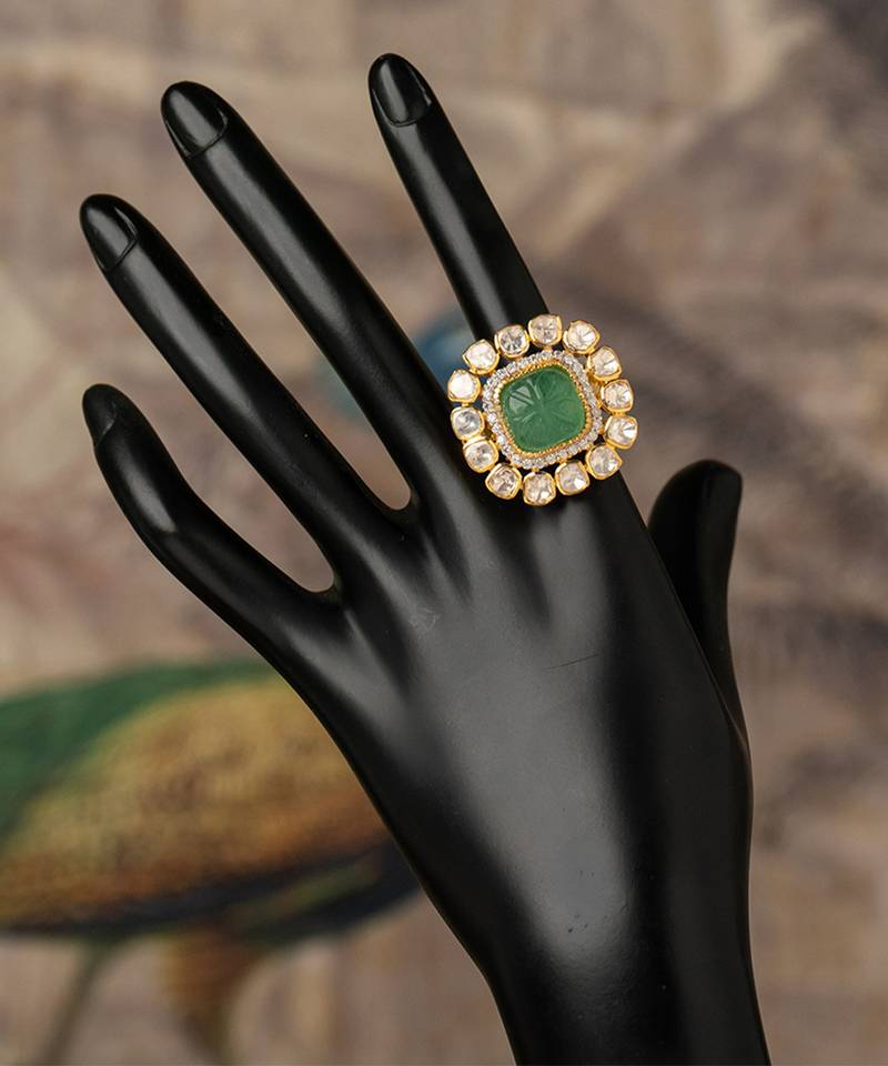 Gold plated  Green Stone kundan ring in sterling silver