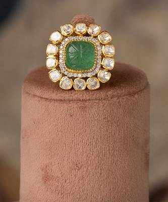 Gold plated  Green Stone kundan ring in sterling silver 2