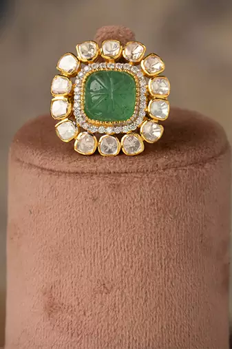 Gold plated  Green Stone kundan ring in sterling silver