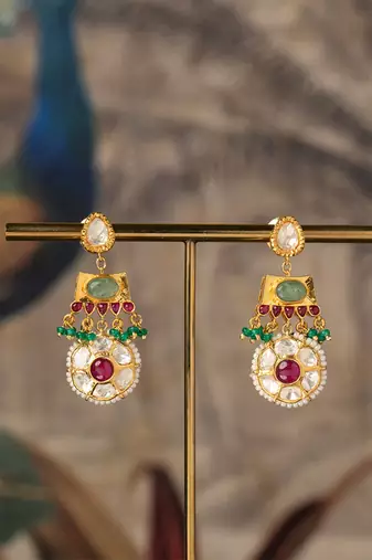 Gold plated multicolor polki jhumkas in sterling silver
