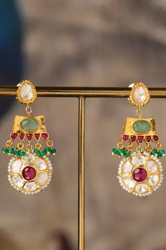 Gold plated multicolor polki jhumkas in sterling silver