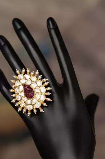 Gold plated kundan ring in sterling silver