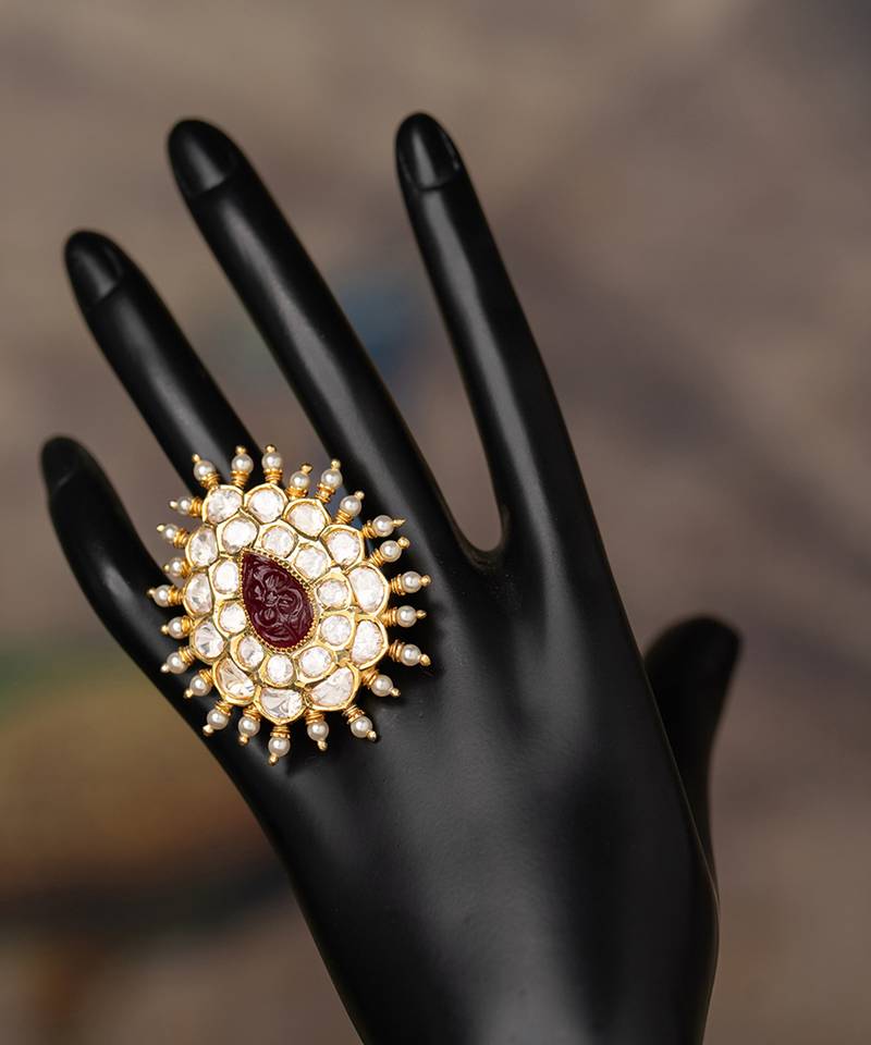 Gold plated kundan ring in sterling silver