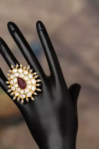 Gold plated kundan ring in sterling silver