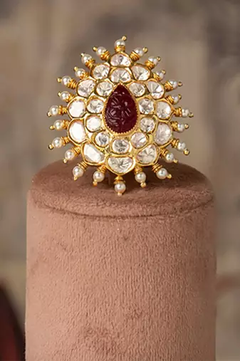 Gold plated kundan ring in sterling silver