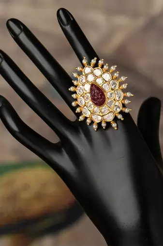 Gold plated kundan ring in sterling silver