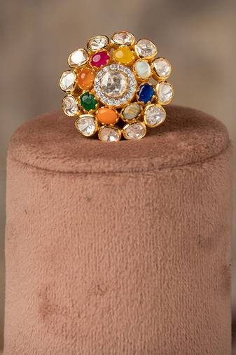 Gold plated  multicolor kundan ring in sterling silver