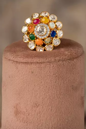 Gold plated  multicolor kundan ring in sterling silver