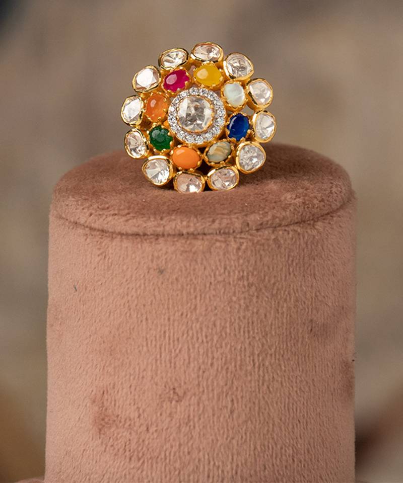 Gold plated  multicolor kundan ring in sterling silver