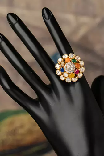 Gold plated  multicolor kundan ring in sterling silver