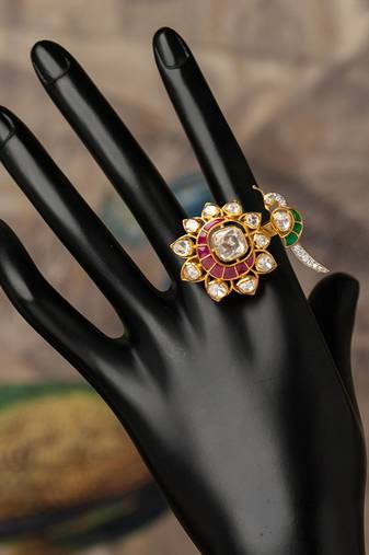 Gold plated  red stone  kundan ring in sterling silver