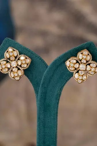 Gold plated polki studs in sterling silver