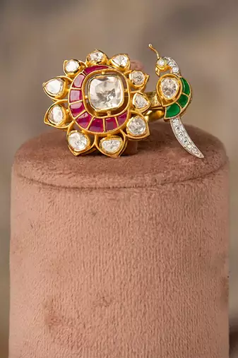 Gold plated  red stone  kundan ring in sterling silver