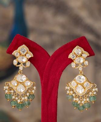 Gold plated green beads polki jhumkas in sterling silver 1