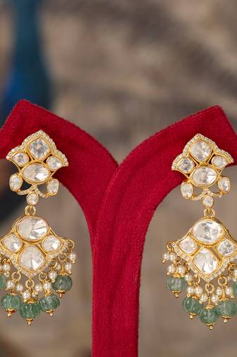 Gold plated green beads polki jhumkas in sterling silver