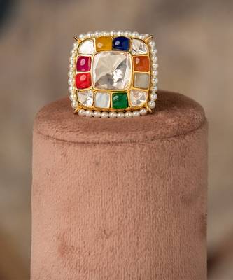 Gold plated  multicolor kundan ring in sterling silver 1