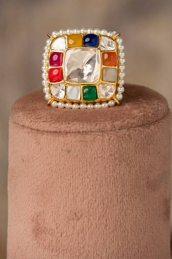 Gold plated  multicolor kundan ring in sterling silver