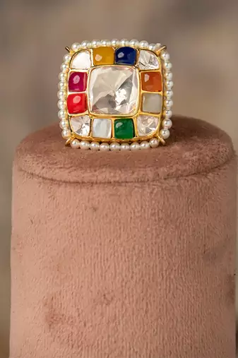 Gold plated  multicolor kundan ring in sterling silver