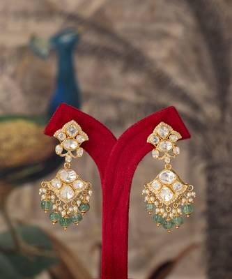 Gold plated green beads polki jhumkas in sterling silver 2