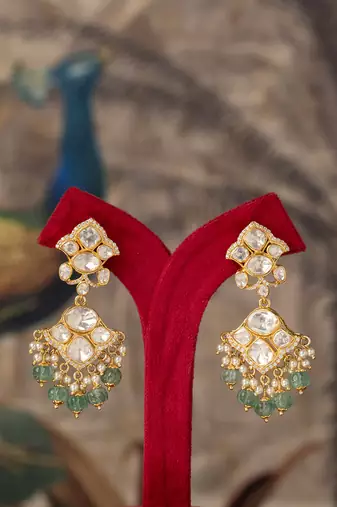 Gold plated green beads polki jhumkas in sterling silver