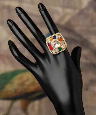 Gold plated  multicolor kundan ring in sterling silver 2