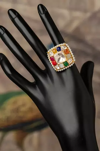 Gold plated  multicolor kundan ring in sterling silver