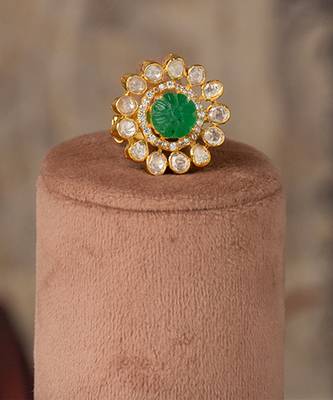Gold plated green stone kundan ring in sterling silver 1