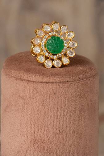 Gold plated green stone kundan ring in sterling silver