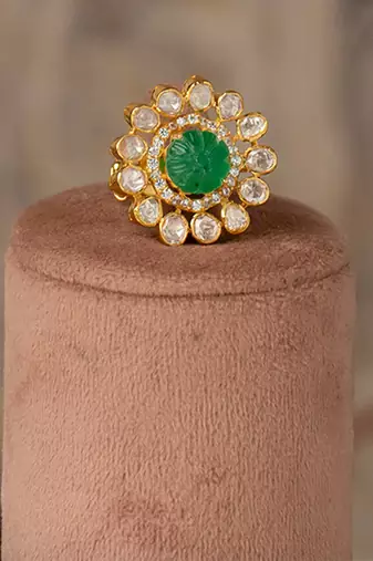 Gold plated green stone kundan ring in sterling silver