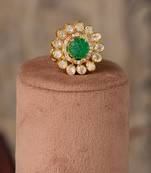 Gold plated green stone kundan ring in sterling silver