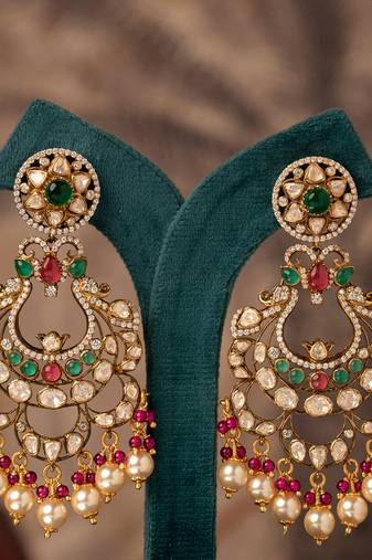 Gold plated multicolor polki jhumkas in sterling silver