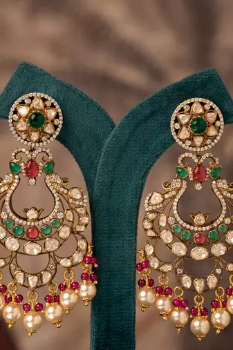 Gold plated multicolor polki jhumkas in sterling silver